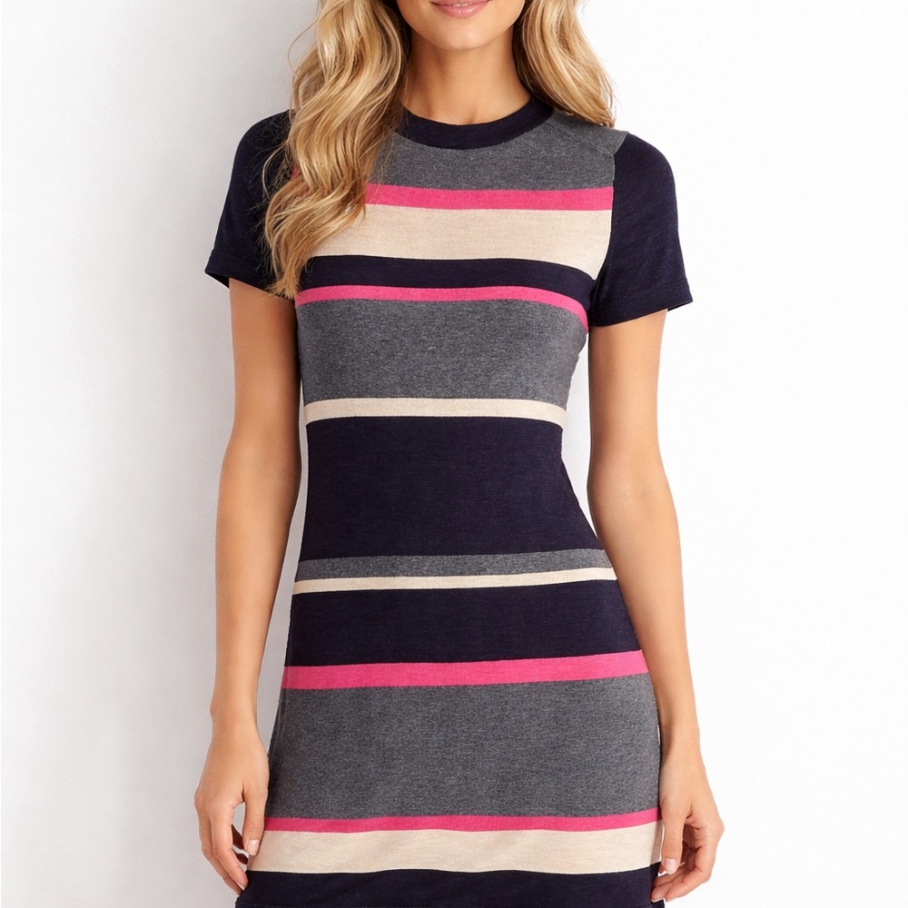 Theory Striped Short-Sleeve Knit Mini Dress in Navy, Gray, Cream and Pink